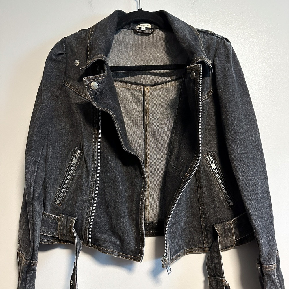 Manoush Denim Biker Jacket Motorcycle Washed Black Belted Size 40 US 8 - Picture 5 of 14